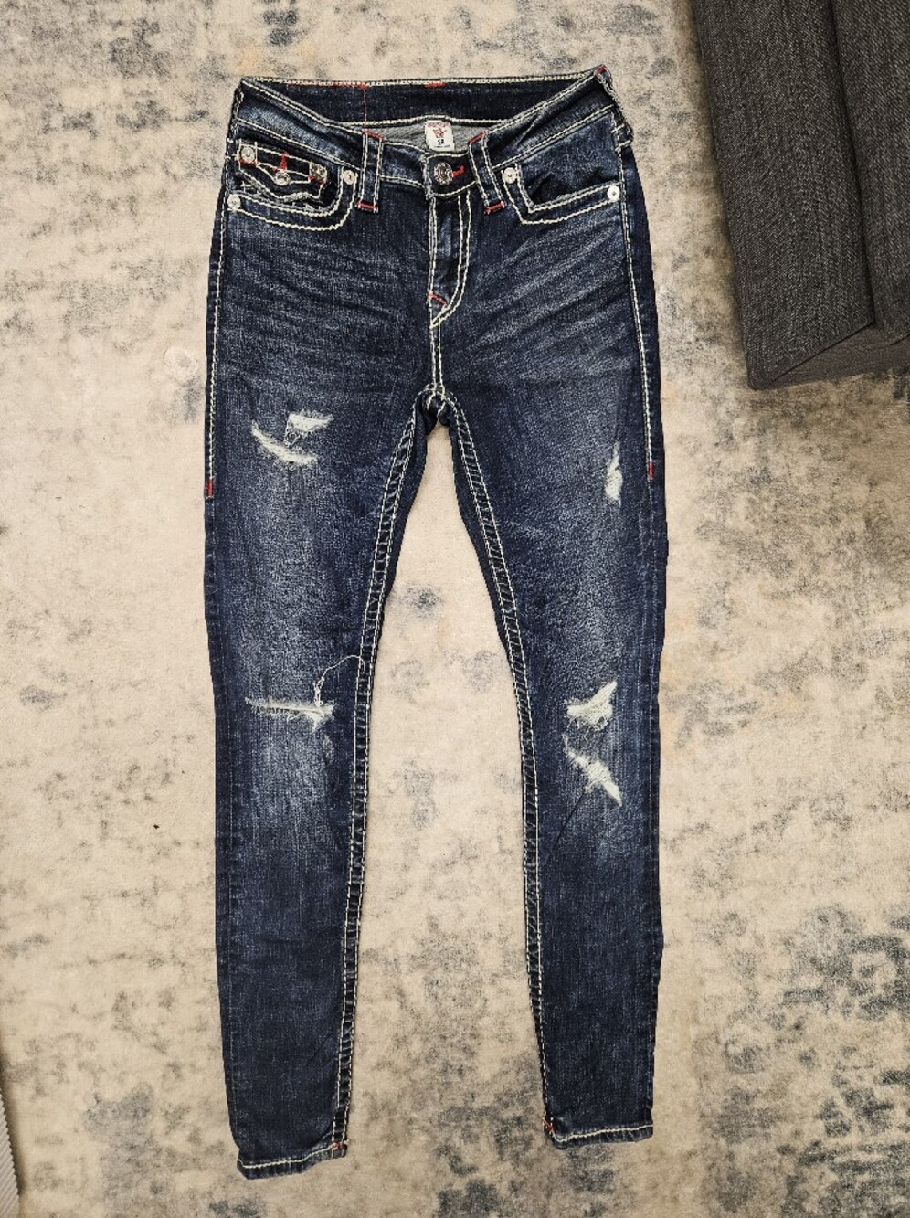 Vintage True Religion Distressed Slim Fit Jeans With Contrast Stitch